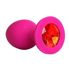 Ярко-розовая анальная пробка с красным кристаллом - 9,5 см., фото 