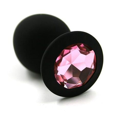 Чёрная силиконовая анальная пробка с светло-розовым кристаллом - 7 см., фото 