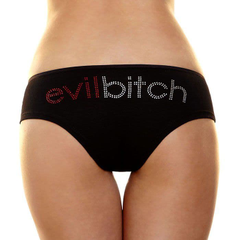Трусики-слип с надписью стразами Evil bitch, Цвет: черный, Размер: S-M, фото 