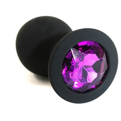 Чёрная силиконовая анальная пробка с темно-фиолетовым кристаллом - 7 см., фото 