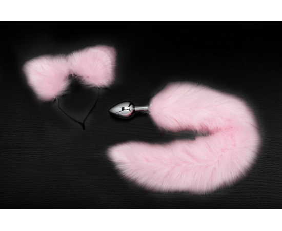 Серебристая анальная пробка с розовым хвостиком и ободком-ушками, фото 