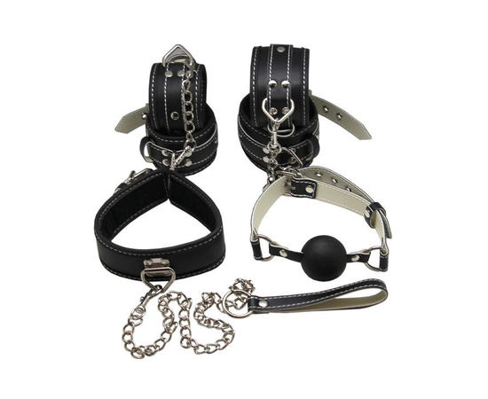 Пикантный БДСМ-набор на мягкой подкладке: наручники, поножи, ошейник с поводком, кляп, фото 